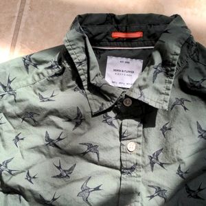 Green Bird Print Denim & Flower short sleeve Rick Singh size L